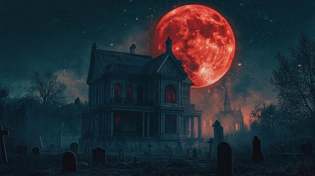 A chilling Halloween movie poster featuring a haunted house, graveyard, and a blood-red moon.