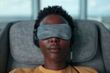 Young woman undergoes ketamine therapy with headphones and a sleep mask for relaxation and mental health support