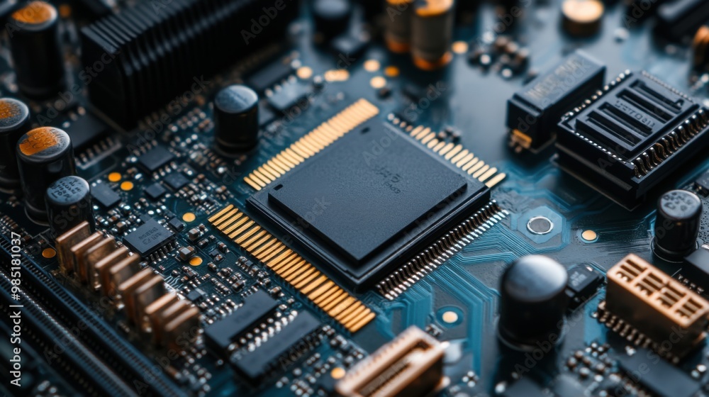 Poster close-up of modern circuit board with microchip