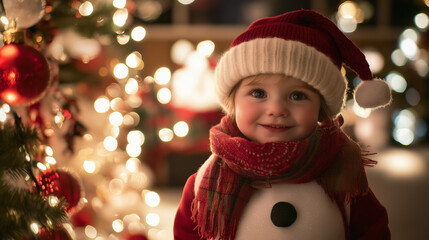 Adorable child dressed in a snowman costume, smiling joyfully in front of a beautifully lit Christmas tree, with warm festive lights creating a magical holiday atmosphere.