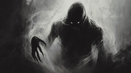 A chilling depiction of a demonic figure emerging from the shadows, showcasing its sinister presence.