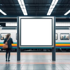 Blank square big poster in public place. Billboard mockup on subway station. 3D rendering