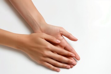 Fototapeta premium Beautiful young woman delicate hands on white background. Close-up of elegant fingers, palms, and wrists. Soft skin, clean nails, and healthy cuticles.