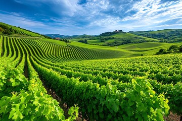 A view of rolling hills covered in green vineyards, under a bright summer sky