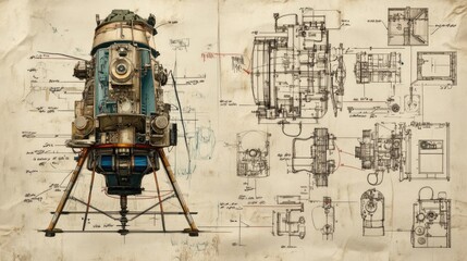 A vintage illustration of a spacecraft with technical blueprints and sketches.