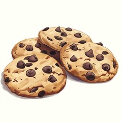 Fototapeta premium Illustration of side by side chocolate chip cookies on white background. Cookies have soft, doughy centers and crunchy edges. Chocolate chips are gooey and aromatic. Sweet, indulgent treat.