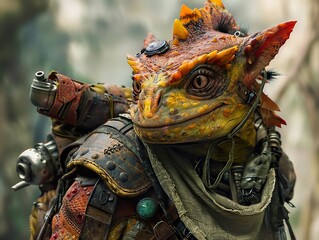 Fototapeta premium Cyberpunk Lizard Warrior: A Futuristic Fantasy Creature