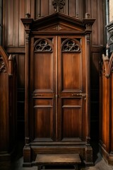 Antique wooden confessional box in a dimly lit church interior. Traditional Christian custom of making confession. Priest sits inside box, awaiting penitent.