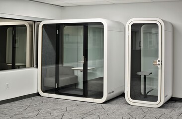 Office privacy booth furniture empty quiet focus room space for meetings.