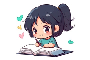 Cute anime girl writing in a notebook with a pencil