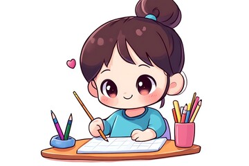 Cute Cartoon Girl Drawing with Pencils and Pens on Desk