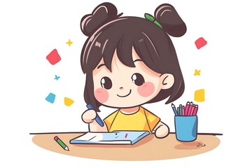 Cute Girl Writing in Notebook with Colorful Pencils and Pens, Illustration