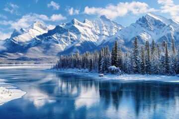 Winter landscape with turquoise lake, snow-capped mountains. Canadian nature scenery with evergreen trees, rugged shoreline. Snowy peaks, pine forest surround tranquil lake. North American