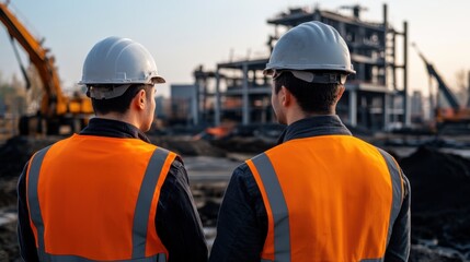 Construction Workers Observing Site Progress at Dawn