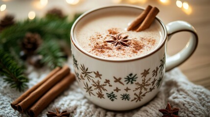 Eggnog in a Festive Mug with Cinnamon and Star Anise