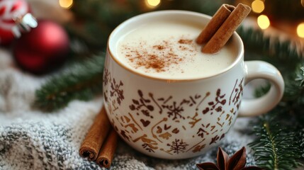 A Cup of Eggnog with Cinnamon Sticks and Star Anise