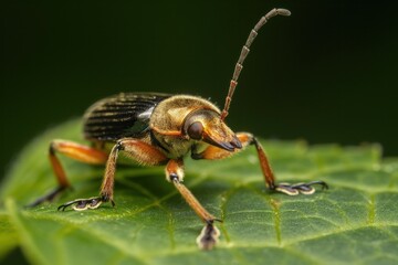Fototapeta premium Dark brown insect with light brown body, black stripes on wings and legs rests on green leaf. Insect faces right, wings spread, legs slightly bent. Blurred green background provides natural setting.