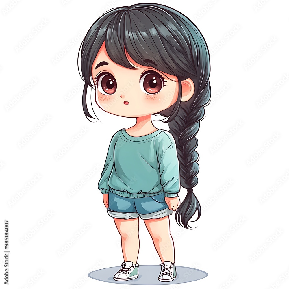 Wall mural cute chibi girl character illustration with long black hair in braid, blue top and shorts, and big b