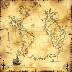 Obraz premium Vintage-style nautical map with distressed look. Old, worn-out parchment texture, yellowed with age. Pirate-era navigation chart with grunge-effect background.