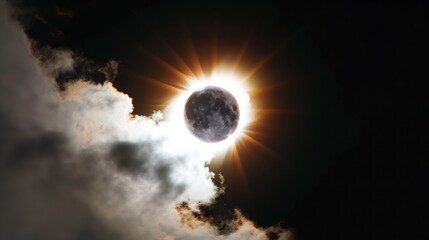 White smoke eclipse emerging from moon in close proximity to sun. Bright, dramatic, surreal scene with glowing sun, shadowy lunar disk. Celestial, magical, serene atmosphere with wispy, glimmering