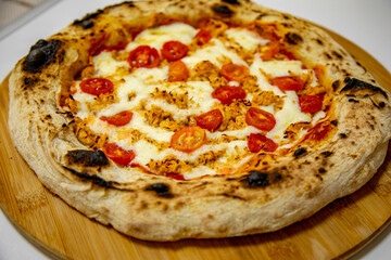 Traditional Brazilian artisan chicken pizza with catupiry cheese. Frango com catupiry