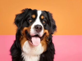 Bernese mountain dog with fluffy fur on colorful background. Happy, cute, funny dog with big smile. Loyal companion animal, purebred breed. Friendly, obedient, smart doggy.
