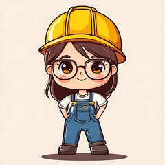 Cute cartoon girl in overalls and hard hat, female construction worker illustration