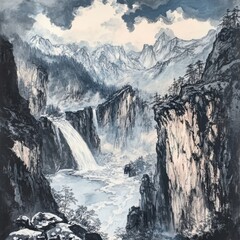 A breathtaking landscape depicting a dramatic waterfall cascading between rocky cliffs, surrounded by misty mountains and dense forests, Ideal for travel brochures, nature-themed websites