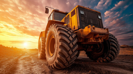 Obraz premium Large industrial tractor standing on a dirt construction site at sunset, with dramatic clouds in the sky, showcasing heavy machinery ready for work.