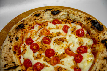 Traditional Brazilian artisan chicken pizza with catupiry cheese. Frango com catupiry