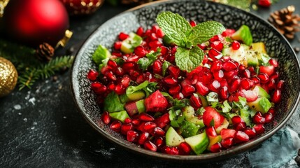 Fresh Pomegranate, Cucumber, and Mint Salad in a Bowl