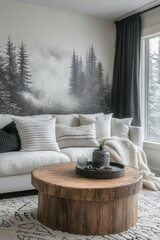 A cozy living room scene featuring a white sofa adorned with decorative pillows, a rustic wooden coffee table, and a serene forest mural, Ideal for illustrating home decor, comfort, and relaxation,
