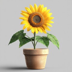 Obraz premium A bright sunflower in a modern flowerpot, isolated on a transparent background in a 3D render with soft shadows