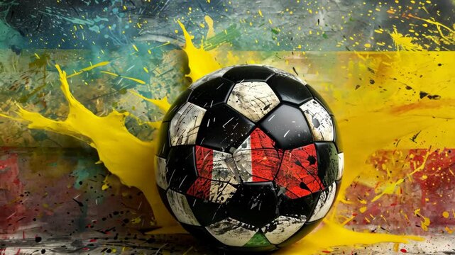 Exciting soccer action with a vibrant ball against a colorful backdrop of Colombian flags at a local park