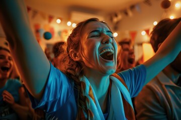 Obraz premium Woman cheers passionately at home surrounded by fans wearing orange scarf and blue jersey with a lively party atmosphere in the background featuring people dancing and enjoying themselves.
