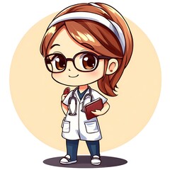 Obraz premium Cute cartoon chibi doctor with stethoscope and medical book