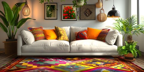 Modern living room with sofa, lamp, flowers, carpet, table, and pillows.