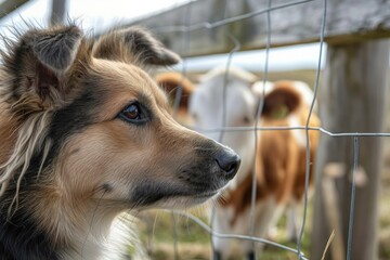Icelandic dog stands behind wooden fence looking at cow in backyard. Dog brown eyes fixed on cow with curious expression. Dog small to medium size breed white, black coat with distinctive muzzle.