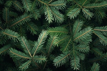 Obraz premium Close-up of Christmas tree branches with rich green needles. Evergreen coniferous tree top view. Fresh fir spruce tree branches in festive holiday atmosphere. Decorate as background for cards design.