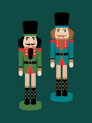 Retro Christmas Nutcrackers emerald green Vector Print. Cute Nutcrackers Art Print suitable for Prints, Posters, Canvas Prints, Postcards, Greeting Cards, Party Invitations, Flyers, Tea Towels.
