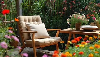 Tranquil garden workspace featuring a cozy chair, wooden desk, and blooming flowers in a natural setting