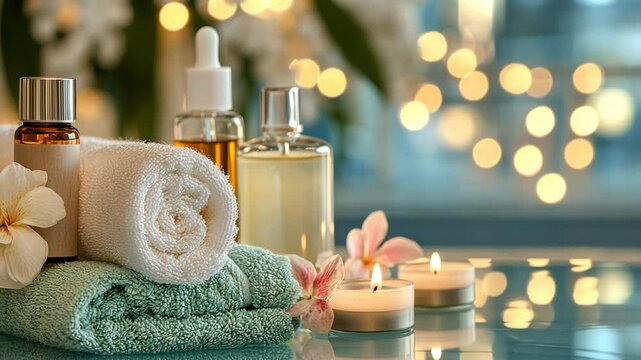 Relaxing spa setup with candles, essential oils, and soft towels in a serene environment