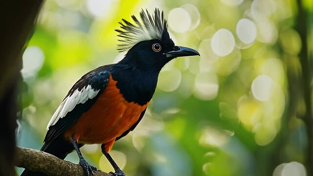Spectacular bird with striking orange and black plumage perched on a branch in lush tropical forest