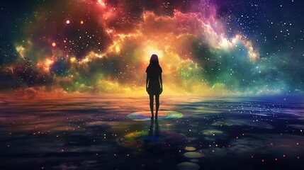 Obraz premium Female figure stands in vast space, surrounded by swirling colors representing chakra energy. Balance, harmony, and power emanate from her. Vibrant aura shines, connecting soul to nature and divine.