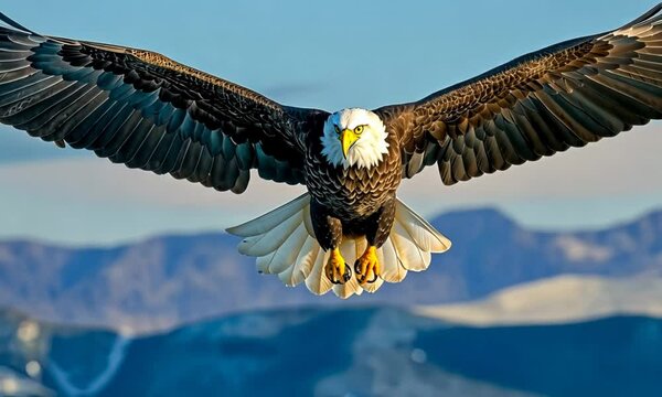 A bald eagle is flying in the sky with its wings spread wide 4K Video