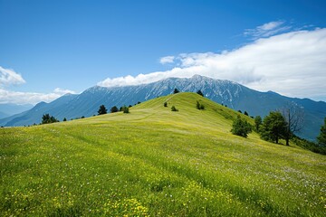 Fototapeta premium Green hill near Triglav Mountain in Slovenia. Breathtaking alpine landscape with rich grass, rocky peak, and vast sky. Scenic view of stone-covered hillside with natural beauty.