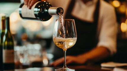 Waiter elegantly serving crisp white wine into a glass at a fine dining restaurant