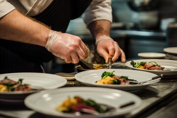 Close-up of chef hands in modern kitchen preparing fine dinner. London restaurant kitchen with chef cooking meat, sauce, and vegetables. Fancy dinner setup on plate with portion of food.