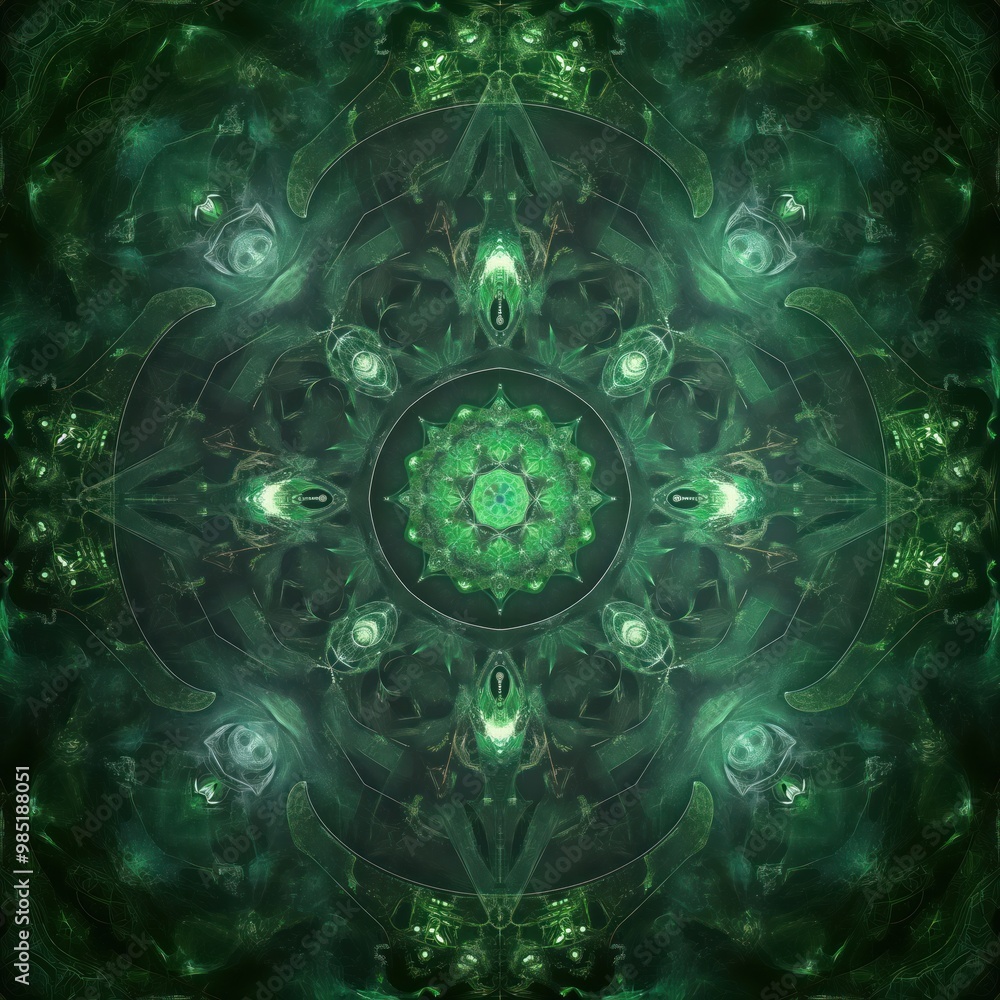 Poster bright green fractal backdrop with intricate kaleidoscope pattern. abstract design featuring geometr