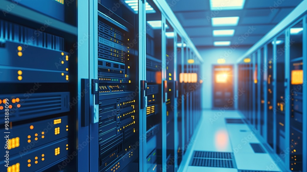 Poster blue-themed data center interior with networking equipment for secure digital communication. high-de